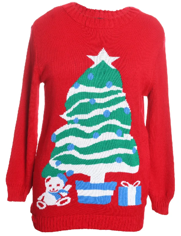 Red Christmas Tree Design Knit Jumper - M