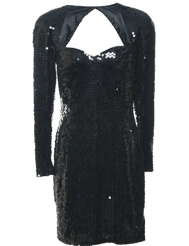 Sequined Black Cut-Out Evening Dress - L