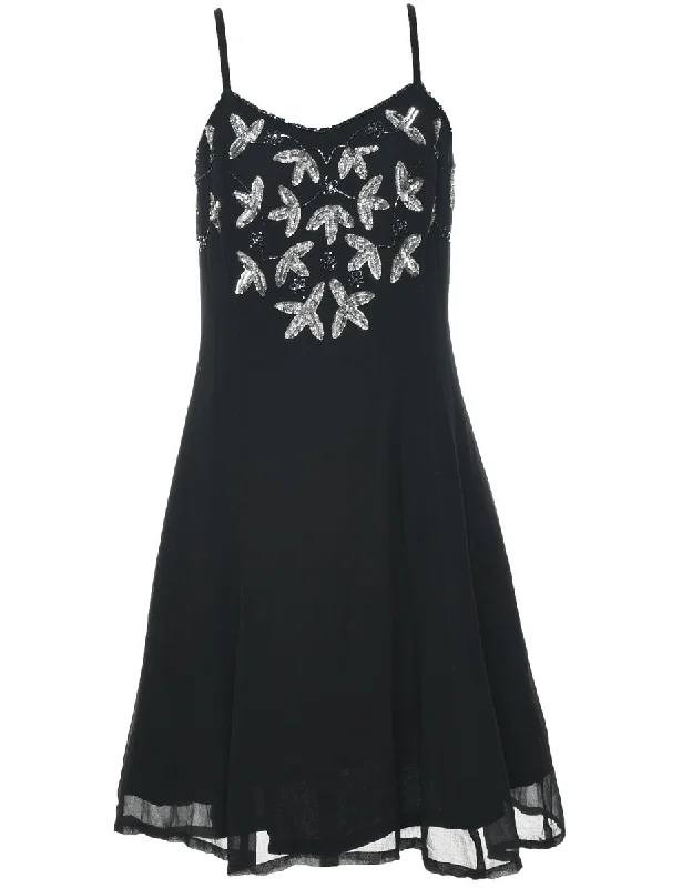 Silk Black & Silver Sequined Evening Dress - M