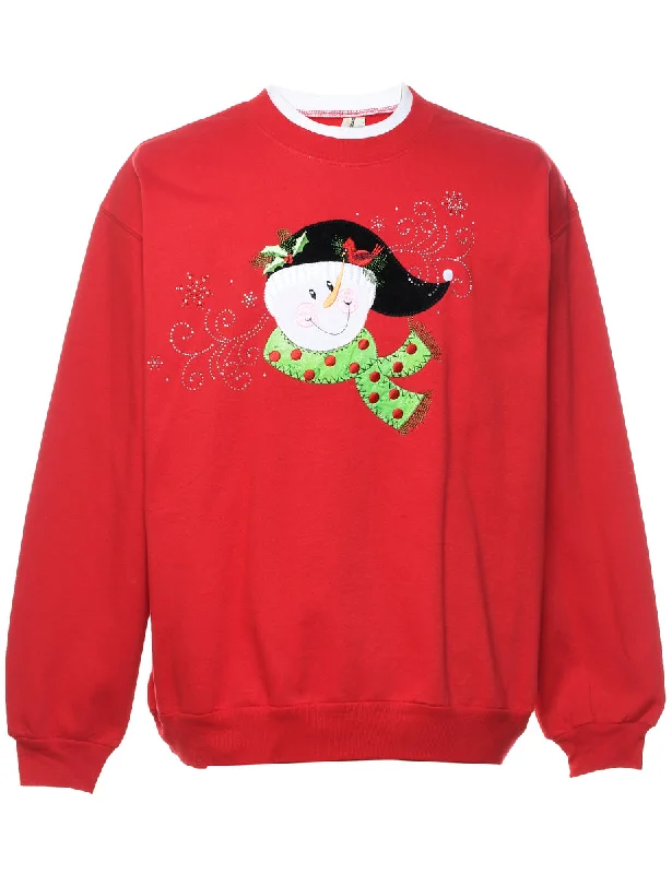 Snowman Design Red Embroidered Christmas Sweatshirt - XL