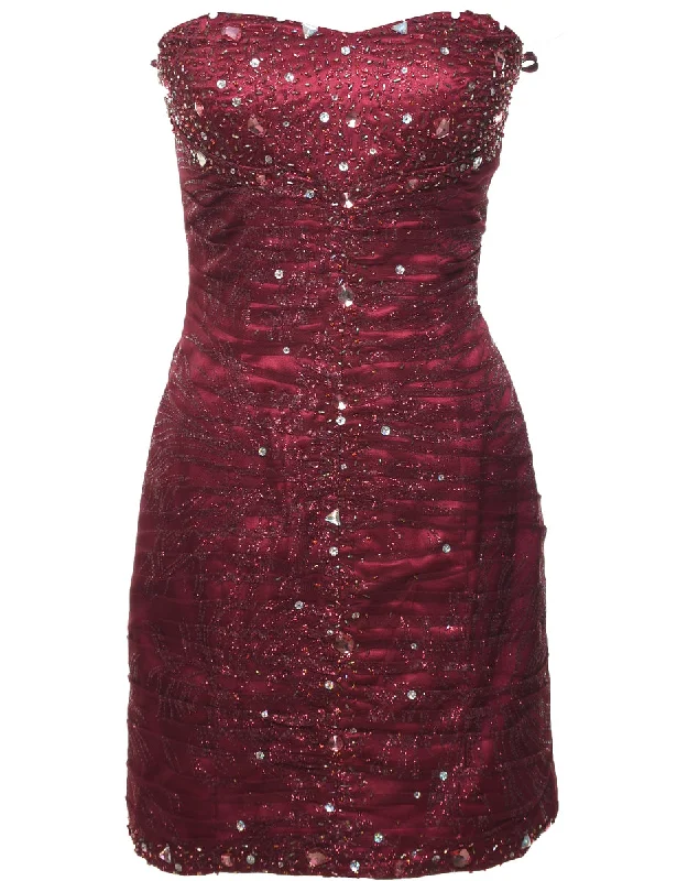 Strapless Beaded Maroon 1990s Evening Dress - M