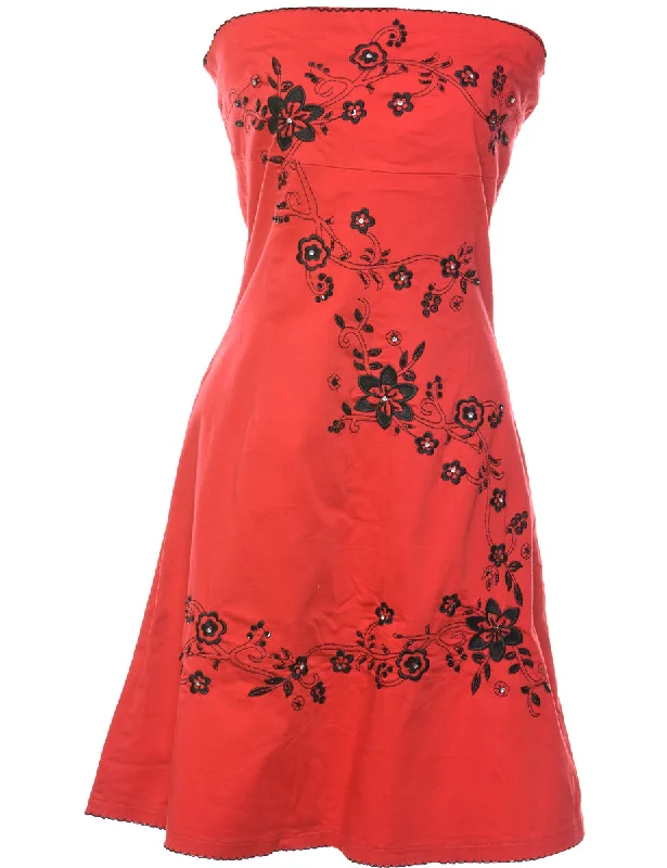 Strapless Floral Pattern Black & Red Y2K Dress - S