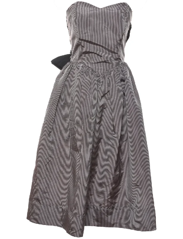 Striped Black & Grey Bow Detail Evening Dress - M